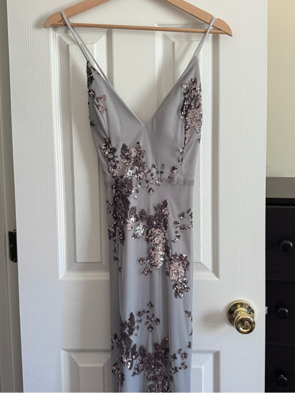 Silver-Gray Floral Sequin Full Length Mermaid Dress